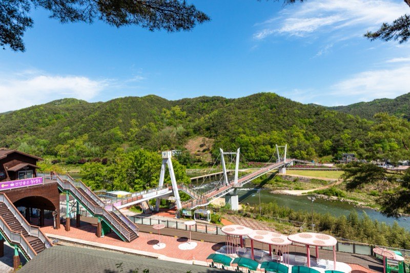 섬진강 위 출렁다리와 산 풍경